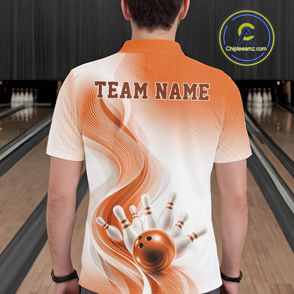 Back view of a male model wearing a white and orange bowling polo shirt with flowing abstract graphics and bowling action details