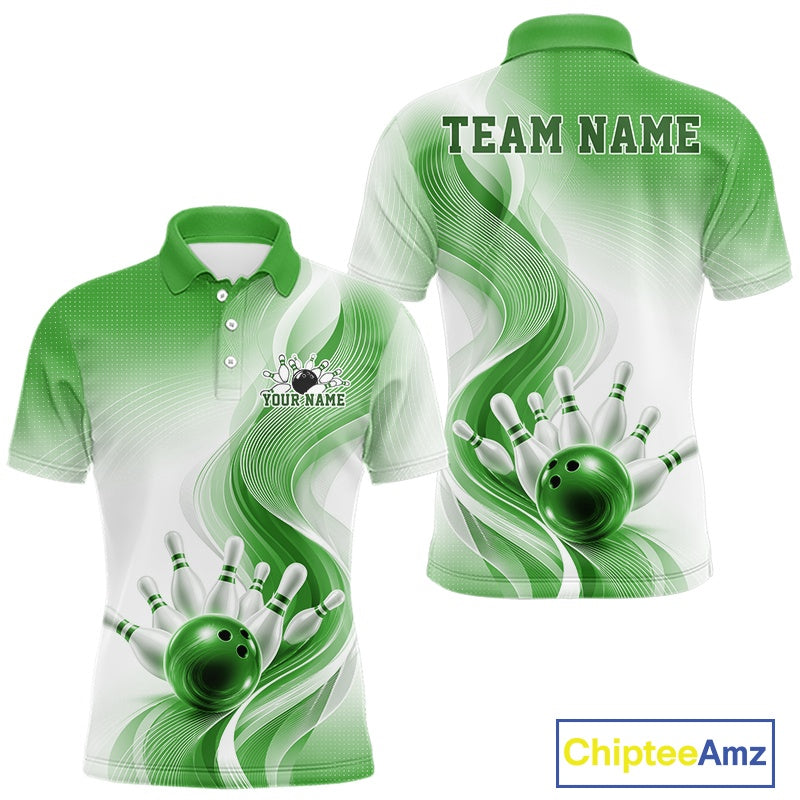 Mens white and green bowling polo mockup shown from front and back with flowing wave artwork and glossy bowling strike graphics