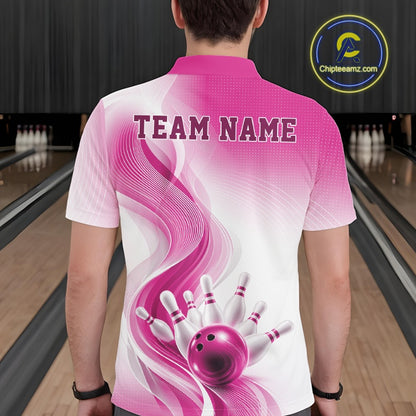 Back view of a mens white and pink bowling polo shirt featuring flowing wave graphics and a bowling ball striking the pins
