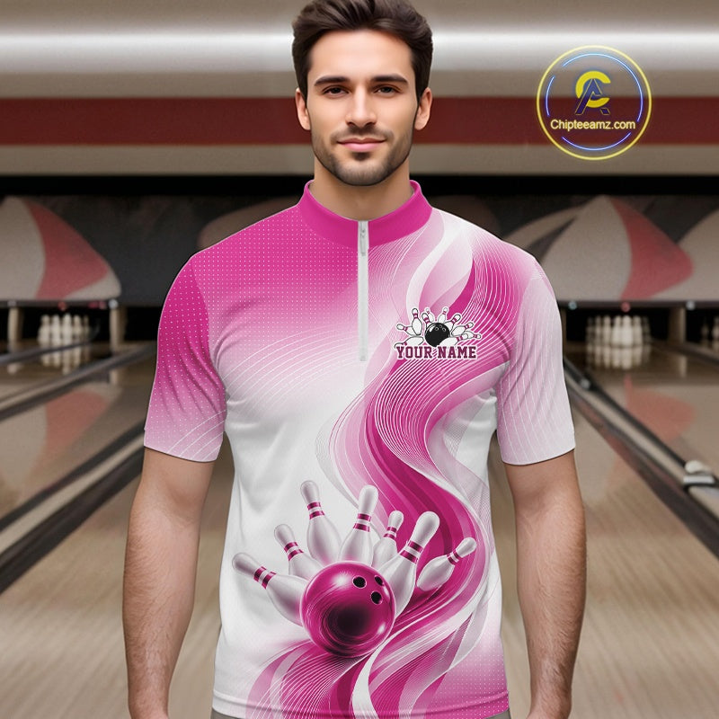 Front view of a male model wearing a white and pink bowling quarter-zip shirt with elegant wave motifs and bowling-themed graphics