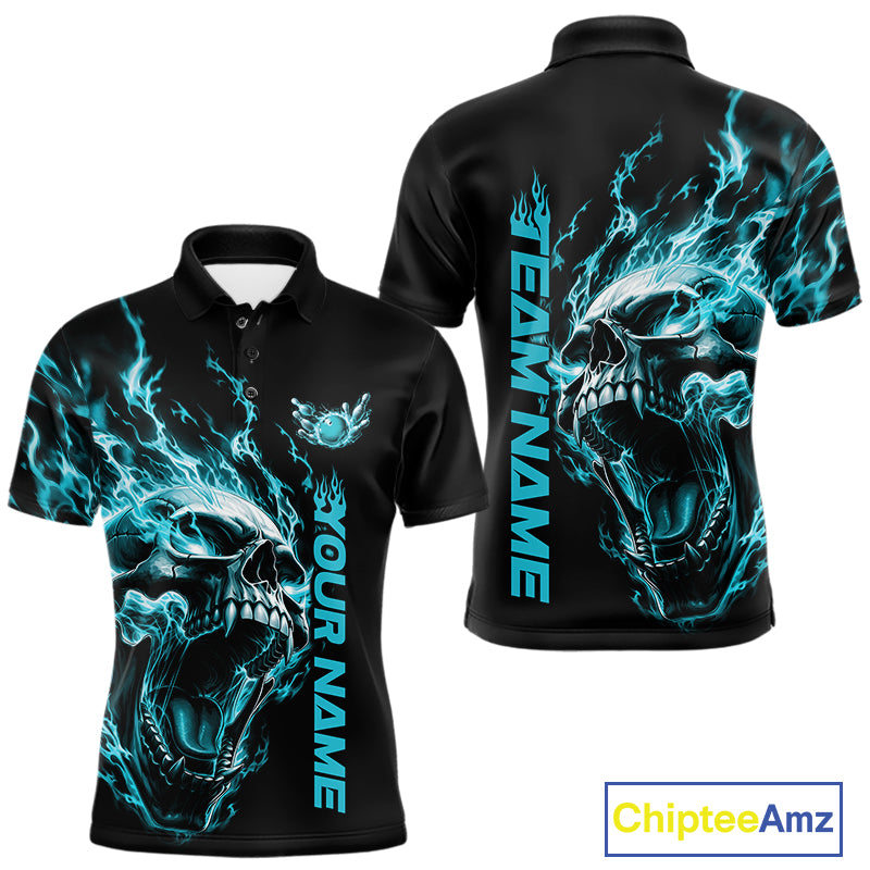 Product mockup showing a black short-sleeve bowling shirt with glowing cyan blue flames, a large skull design, and customizable name and team text.