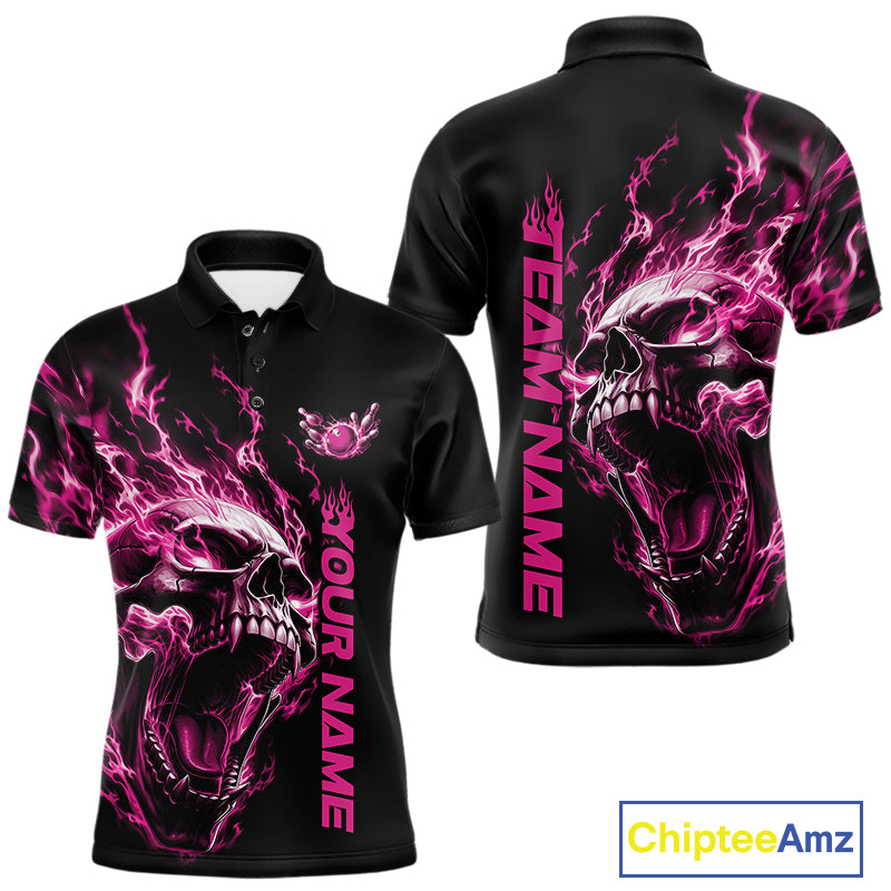 Product mockup showing a black short-sleeve bowling shirt with glowing pink flames, a large skull design, and customizable name and team text.
