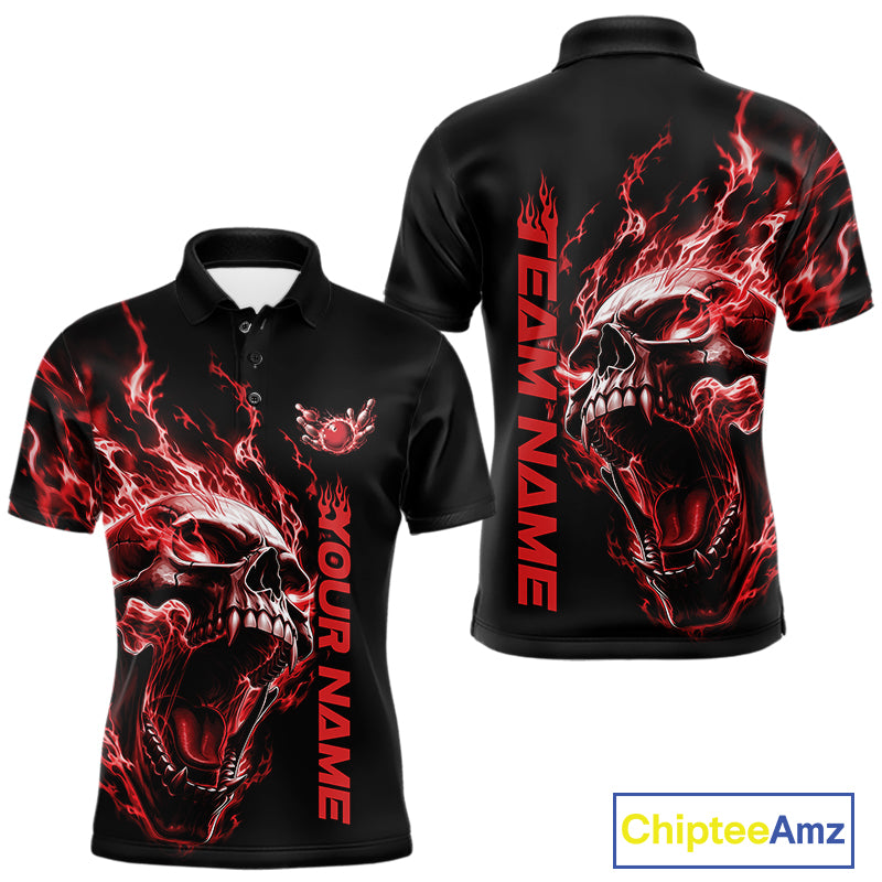 Product mockup showing a black short-sleeve bowling shirt with glowing red flames, a large skull design, and customizable name and team text.