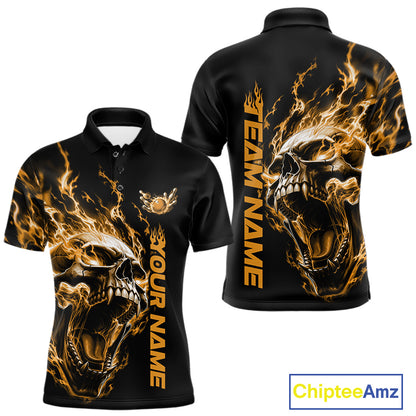Product mockup showing a black short-sleeve bowling shirt with glowing yellow flames, a large skull design, and customizable name and team text.