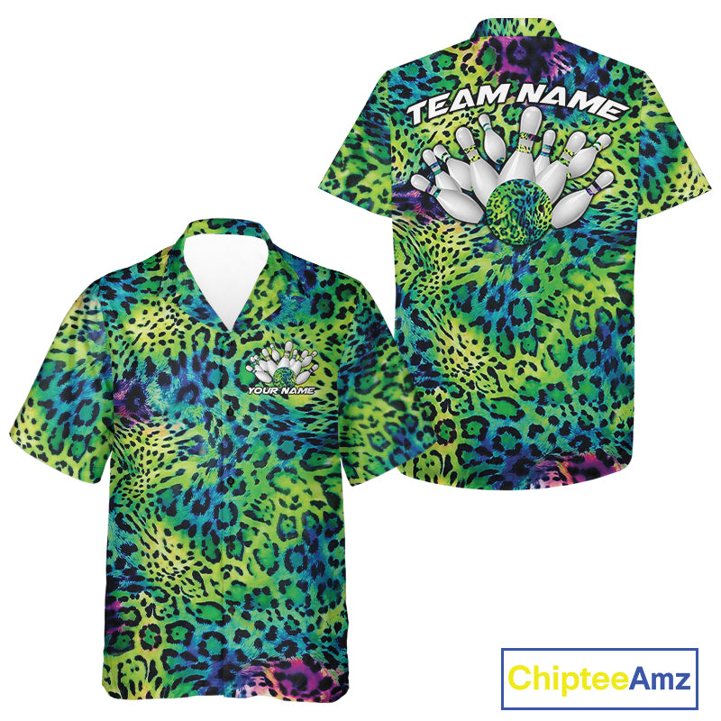 A blue, green, and black leopard pattern bowling up shirt displayed in front and back views, featuring personalized bowling team designs.