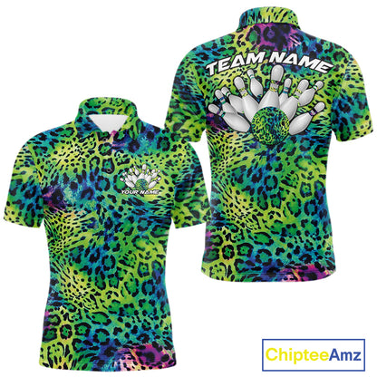Front and back views of a mens yellow, brown, and black leopard-print bowling polo with chest name text, bowling pins, and team name on the back.
