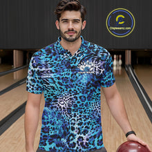 Load image into Gallery viewer, A man stands in a bowling alley wearing a yellow, brown, and black leopard-print bowling shirt with a bowling pin graphic and “Your Name” on the chest.