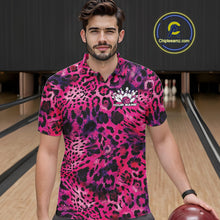 Load image into Gallery viewer, A man stands in a bowling alley wearing a yellow, brown, and black leopard-print bowling shirt with a bowling pin graphic and “Your Name” on the chest.