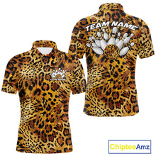 Load image into Gallery viewer, Front and back views of a mens yellow, brown, and black leopard-print bowling polo with chest name text, bowling pins, and team name on the back.