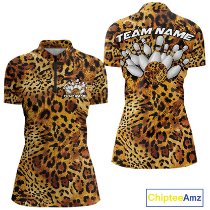 Leopard print womens bowling quarter zip shirt with customizable team name and bowling pins graphic on the back