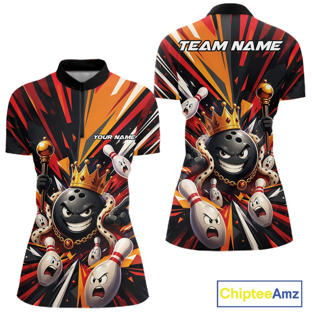 Front and back views of a women's bowling quarter-zip shirt mockup featuring a crowned cartoon bowling ball holding a royal scepter and leading animated bowling pins through vibrant radiating color bursts on a black, red, and orange palette.