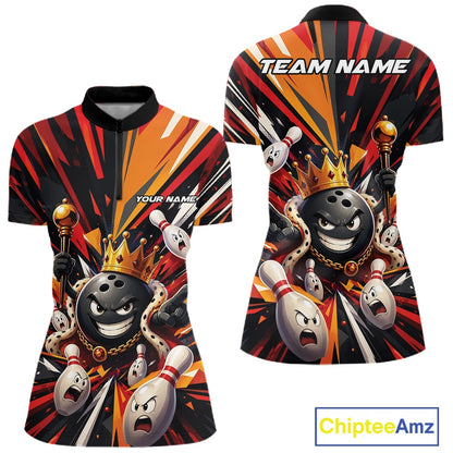 Front and back views of a women's bowling quarter-zip shirt mockup featuring a crowned cartoon bowling ball holding a royal scepter and leading animated bowling pins through vibrant radiating color bursts on a black, red, and orange palette.