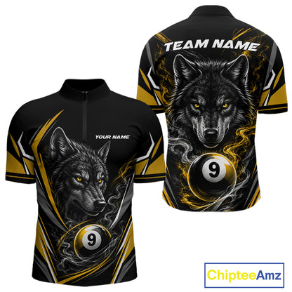 Custom Black And Yellow Smoke Flame 9 Ball And Wolf Billiards Men Quarter Zip Shirt, Pool Shirt IPHW11679