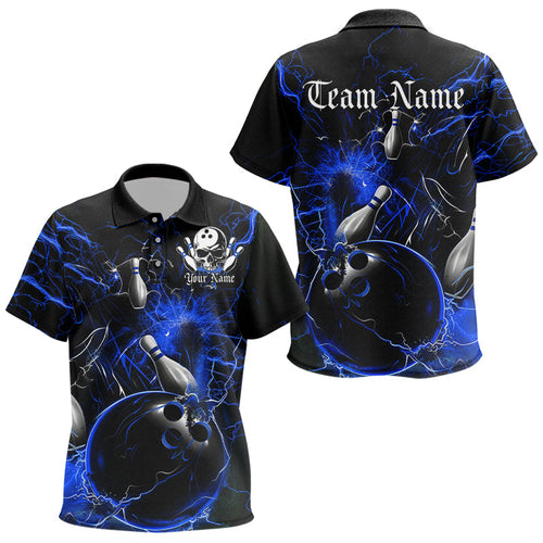 Black And Blue Thunder Lightning Custom Bowling Polo Shirts For Kid, Bowling Team Uniform IPHW7262