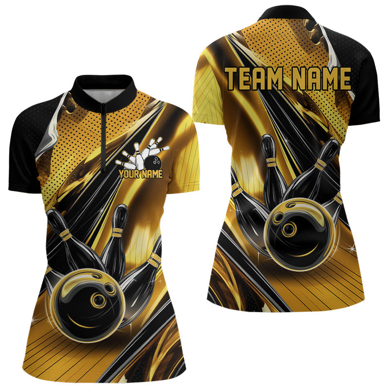 Custom Black And Gold Bowling Jerseys For Women, Bowling Team Quarter-Zip Shirts With Name IPHW8016