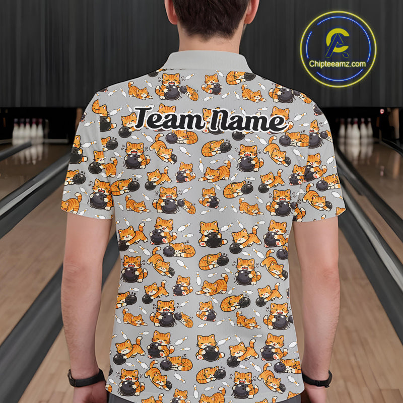 Custom Cute Ginger Tabby Cat Bowling Men Polo Shirts, Cat Bowling Team Shirt IPHW10304