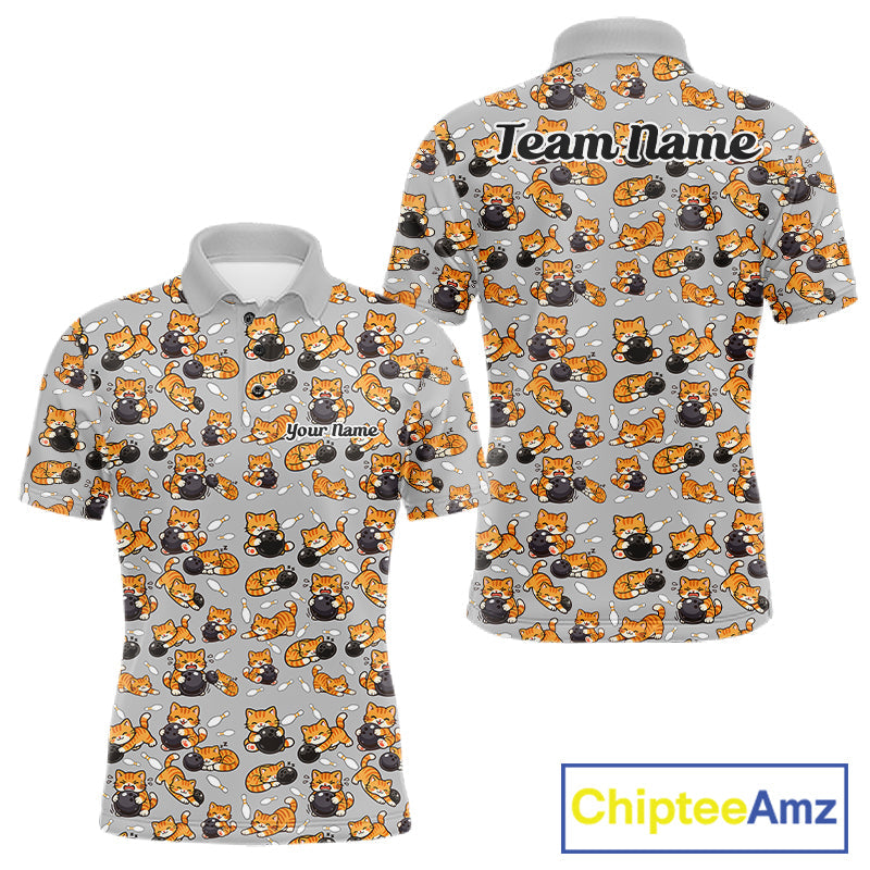 Custom Cute Ginger Tabby Cat Bowling Men Polo Shirts, Cat Bowling Team Shirt IPHW10304