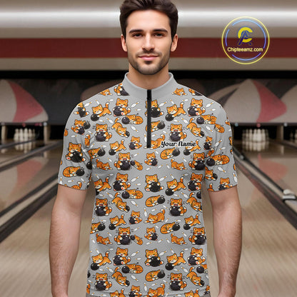 Custom Cute Ginger Tabby Cat Bowling Men Quarter-Zip Shirts, Cat Bowling Team Shirt IPHW10304