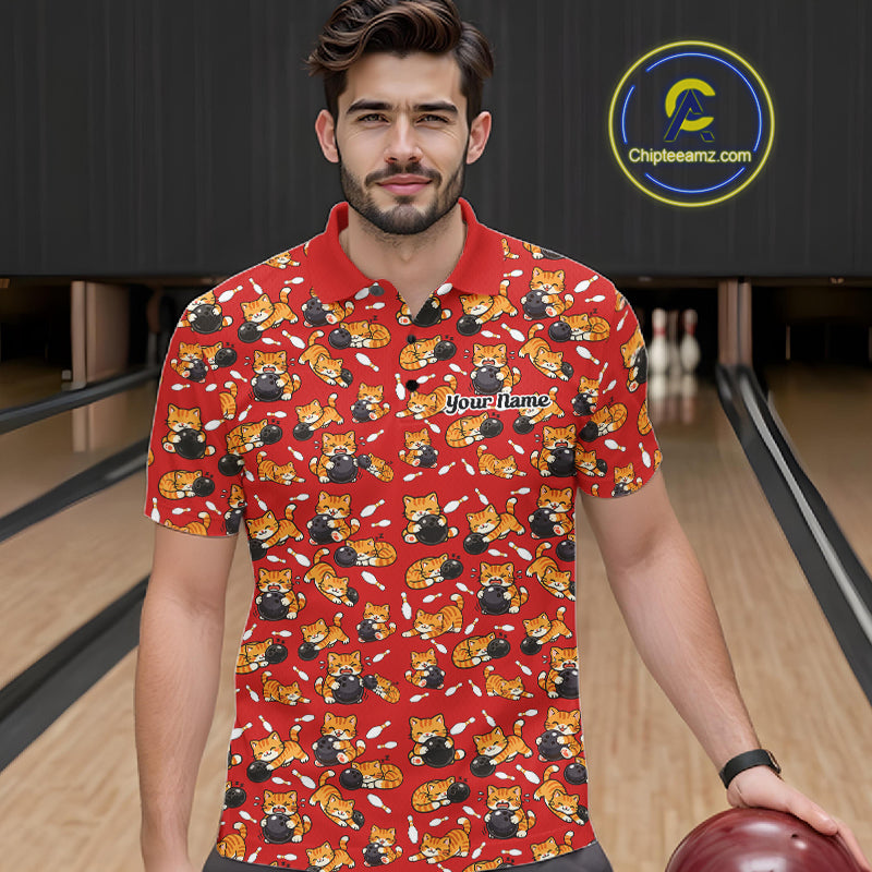 Custom Cute Ginger Tabby Cat Bowling Men Polo Shirts, Cat Bowling Team Shirt IPHW10305