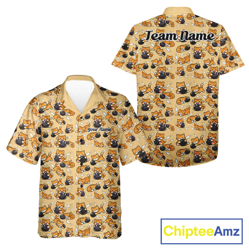 Custom Cute Ginger Tabby Cat Bowling Men And Women Hawaiian Shirts, Cat Bowling Team Shirt IPHW10306