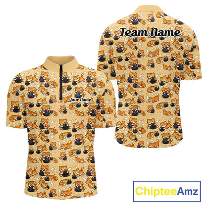 Custom Cute Ginger Tabby Cat Bowling Men Quarter-Zip Shirts, Cat Bowling Team Shirt IPHW10306