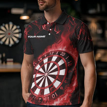 Load image into Gallery viewer, Custom Black And Red Fire Flame Dartboard Dart Polo Shirts For Men, Dart Tournament Shirt IPHW8494