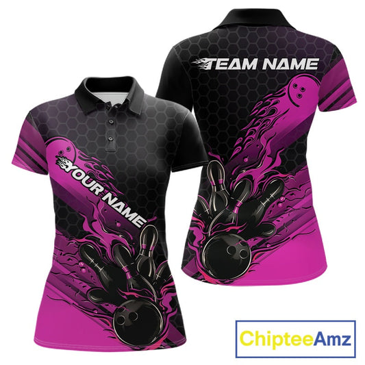 Custom Black And Pink Flame Bowling Team Shirts, Bowling League Shirt Women Bowling Jersey IPHW10576