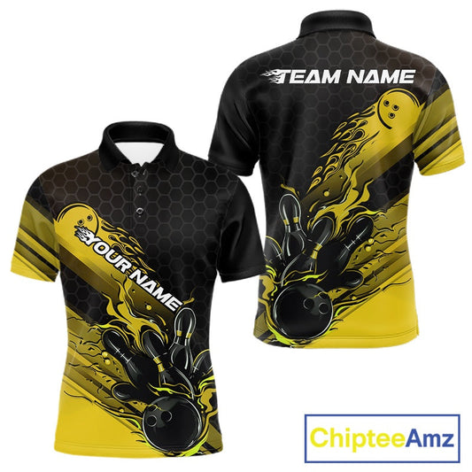 Custom Black And Yellow Flame Bowling Team Shirts, Bowling League Shirt Men Bowling Jersey IPHW10577