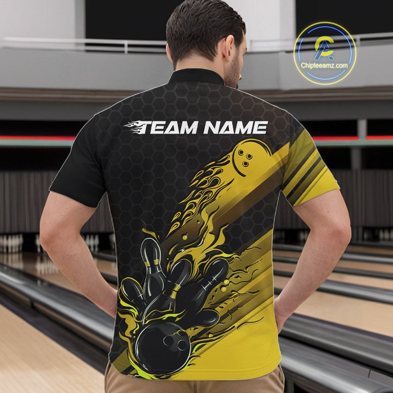 Custom Black And Yellow Flame Bowling Team Shirts, Bowling League Shirt Men Bowling Jersey IPHW10577