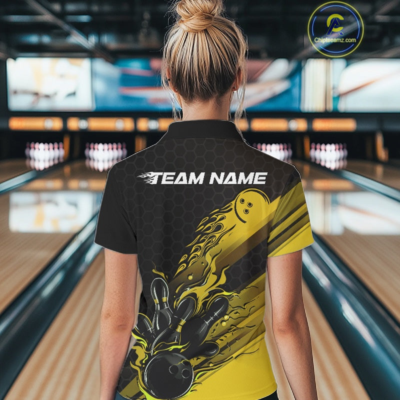 Custom Black And Yellow Flame Bowling Team Shirts, Bowling League Shirt Women Jersey IPHW10577