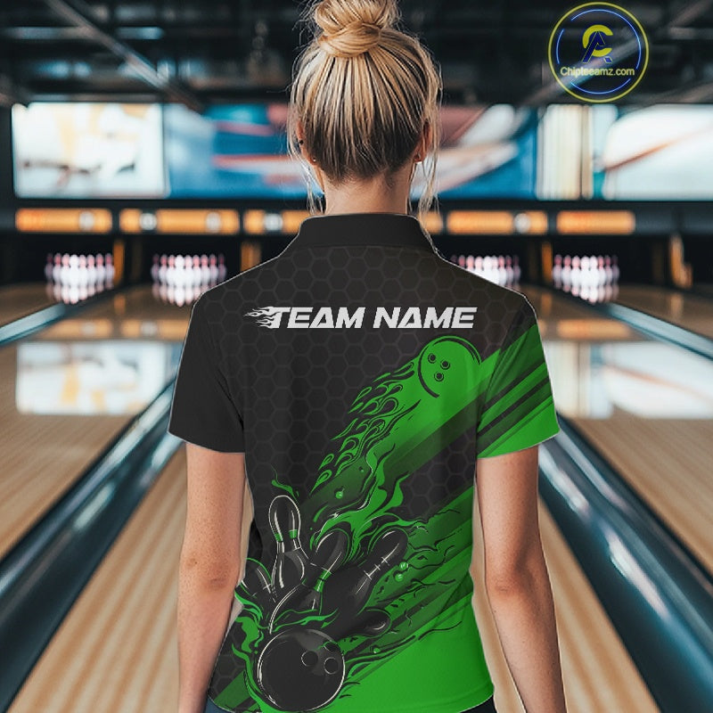 Custom Black And Green Flame Bowling Team Shirts, Bowling League Shirt Women Bowling Jersey IPHW10578