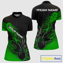 Load image into Gallery viewer, Custom Black And Green Flame Bowling Team Shirts, Bowling League Shirt Women Jersey IPHW10578