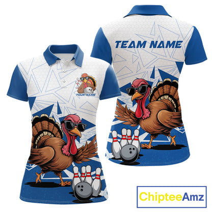 White And Blue Custom Funny Turkey Bowling Women Shirt, Bowling League Team Shirt IPHW10805