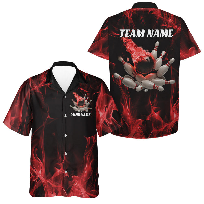 Custom Black And Red Fire Flame Bowling Hawaiian Shirts For Men, Fiery Bowling Jerseys IPHW6701