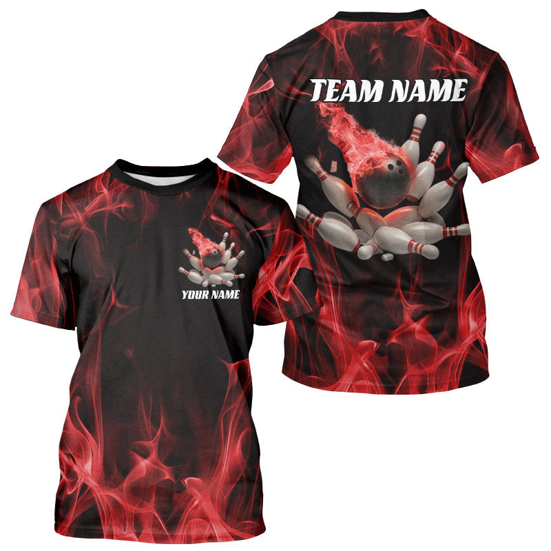 Custom Black And Red Fire Flame Bowling T-Shirts For Men, Fiery Bowling Jerseys IPHW6701