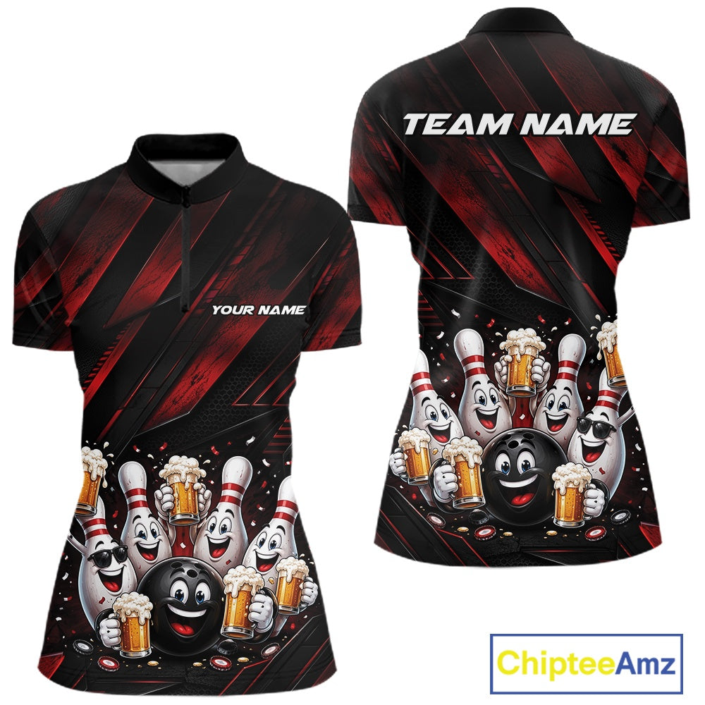 Front and back view of a women's bowling quarter zip mockup featuring funny cartoon bowling balls and pins raising frothy beer mugs with confetti and bold diagonal stripe artwork on a black and red shirt.