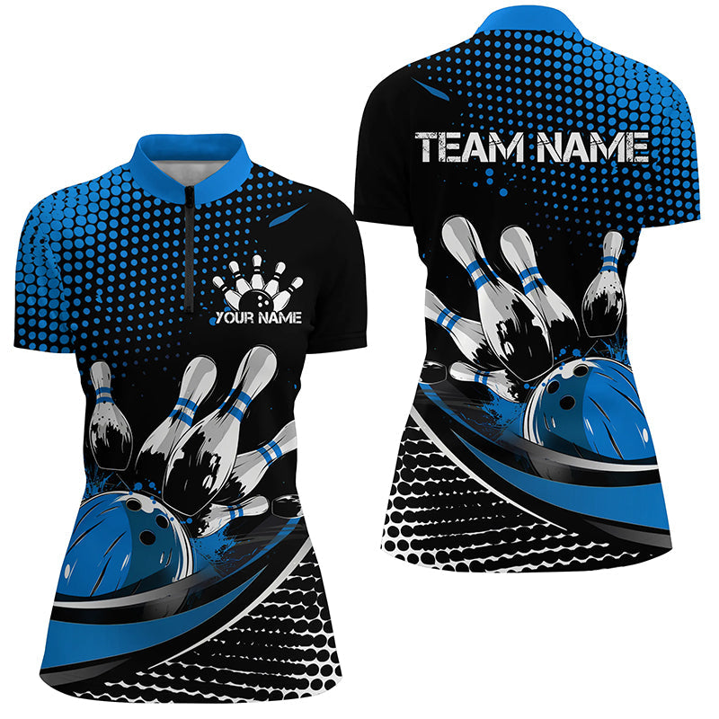 Black And Blue Custom Bowling Team Jerseys, Bowling League Shirts For Women, Bowlers Outfits IPHW7276
