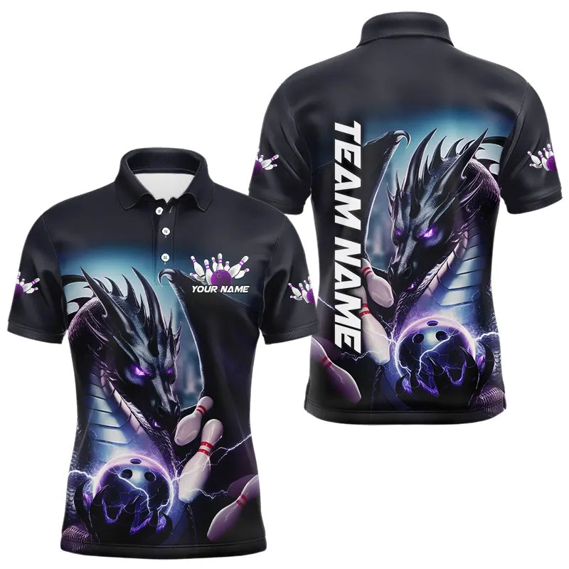 Blue And Purple Lightning Custom Dragon Bowling Polo Shirts For Men, Bowling Team Uniform IPHW8257