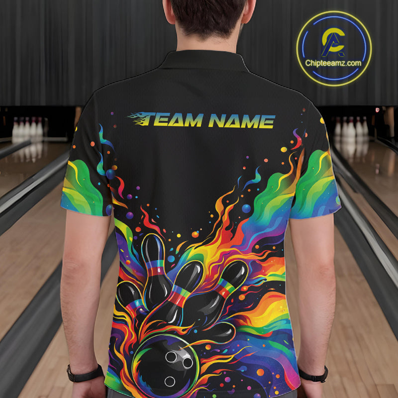 Custom Colorful Rainbow Colors Flame Bowling Men Polo Shirt, Bowling Tournament Shirt IPHW10307