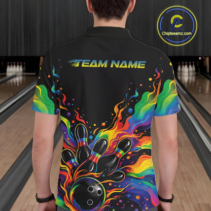 Custom Colorful Rainbow Colors Flame Bowling Men Polo Shirt, Bowling Tournament Shirt IPHW10307