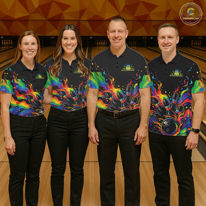 Custom Colorful Rainbow Colors Flame Bowling Men Polo Shirt, Bowling Tournament Shirt IPHW10307