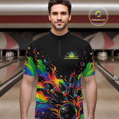 Custom Colorful Rainbow Colors Flame Bowling Men Quarter-Zip Shirt, Bowling Tournament Shirt IPHW10307