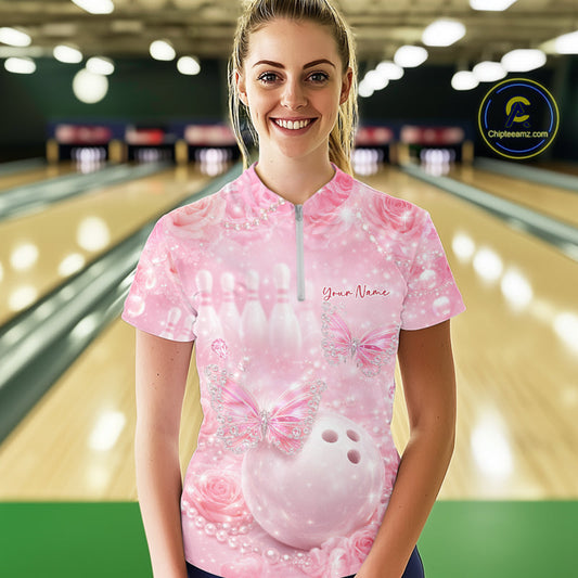 Custom Elegant Roses And Butterfly Women Bowling Quarter-Zip Shirt, Ladies Bowling Shirt IPHW10312