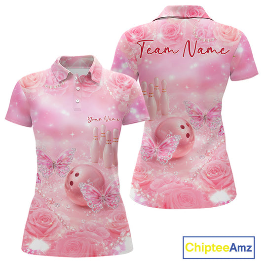 Custom Elegant Roses And Butterfly Women Bowling Polo Shirts, Ladies Bowling Shirt IPHW10315