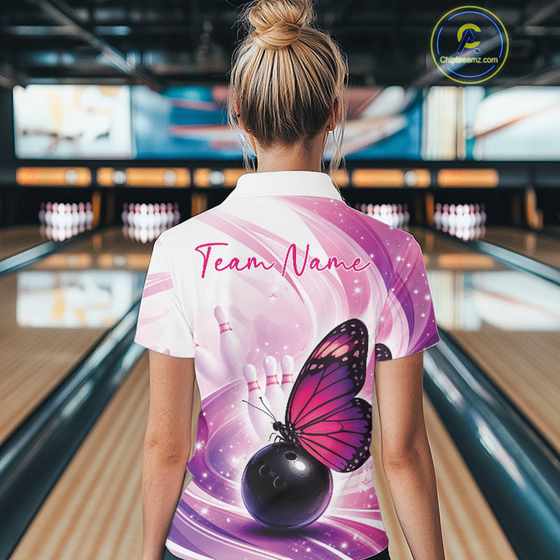 Custom Pink And Purple Butterfly Bowling Team Women Polo Shirt, Ladies Bowling Shirt IPHW10311