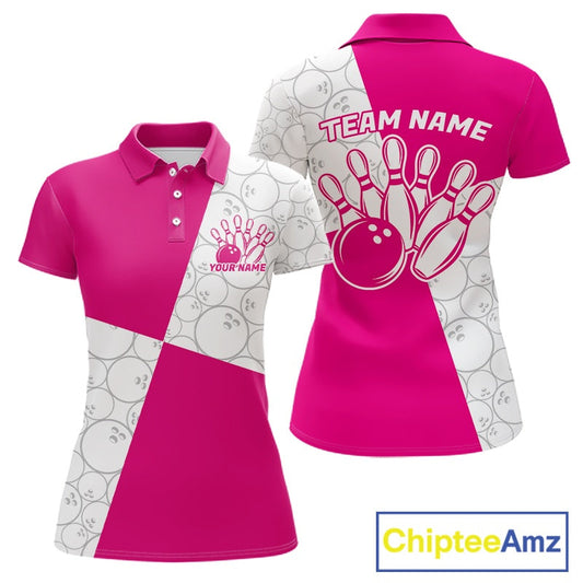 Custom White And Pink Retro Style Bowling Team Shirts For Women, Bowling Jerseys IPHW10603