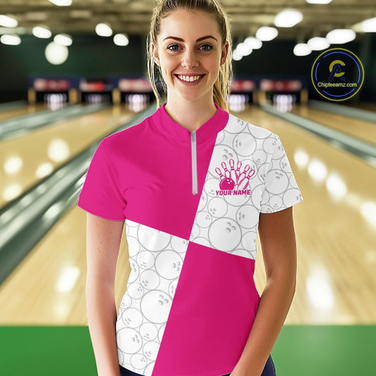 Custom White And Pink Retro Style Bowling Team Shirts For Women, Bowling Jerseys IPHW10603