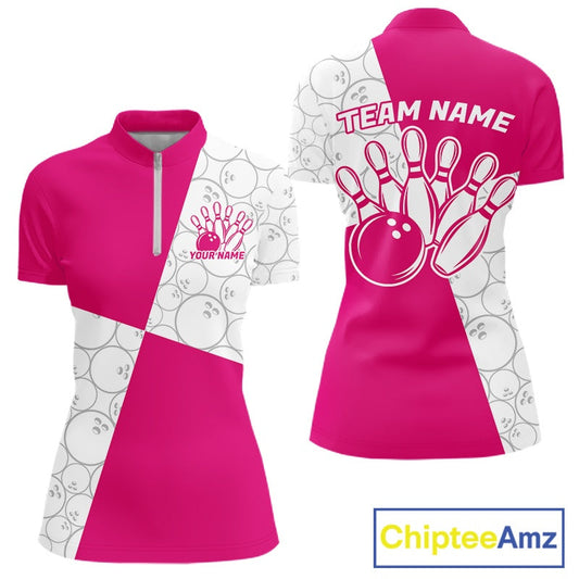 Custom White And Pink Retro Style Bowling Team Shirts For Women, Bowling Jerseys IPHW10603