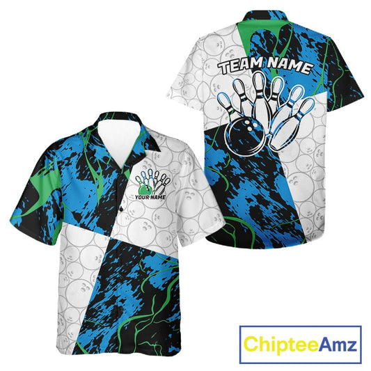Custom Blue And Green Camo Bowling Team Shirts For Men And Women, Camouflage Bowler Outfit IPHW10607