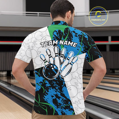 Custom Blue And Green Camo Bowling Team Shirts For Men And Women, Camouflage Bowler Outfit IPHW10607